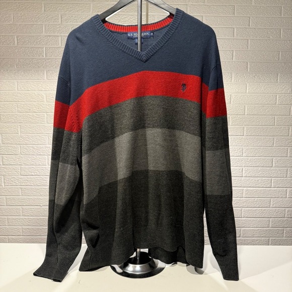 U.S. Polo Assn. 3X Sweater Striped V Neck Blue Red Gray Menswear Casual - Picture 1 of 4